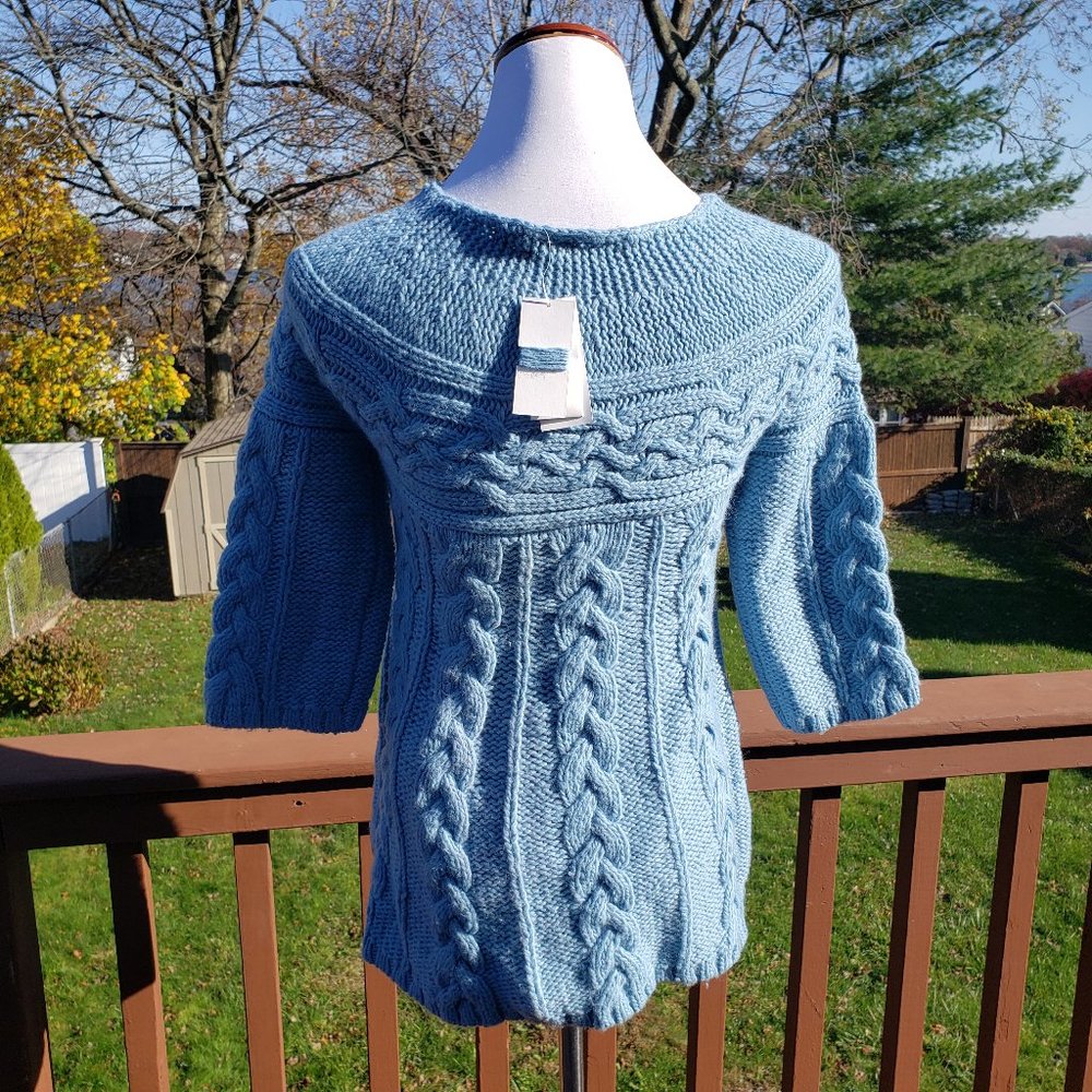 Sweater Wool Blend Celtic Cable Lt Blue GAP Sz XS - Picture 3 of 12